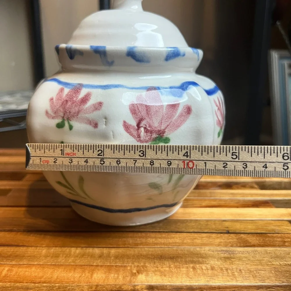 Vintage Signed Studio Pottery Lidded Jar Hand Painted Floral Folk Art 1992